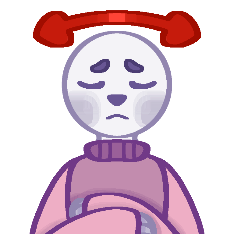  An emote of someone with pale blue skin and blush. They are wearing a sweater with a purple color, a light purple base color, and the sleeves are pink. It shows the upper half of the person and their arms crossed. Their expression is solemn with closed eyes. There is a red arrow abive their head that points to either side that is red to show disapproved nodding